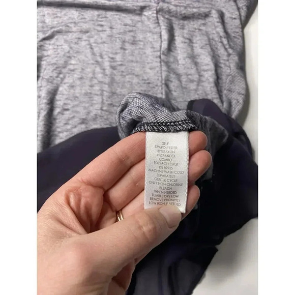 LOGO by Lori Goldstein Stripe Knit 3/4 Sleeve Blouse Asymmetrical Chiffon Trim - Picture 5 of 6